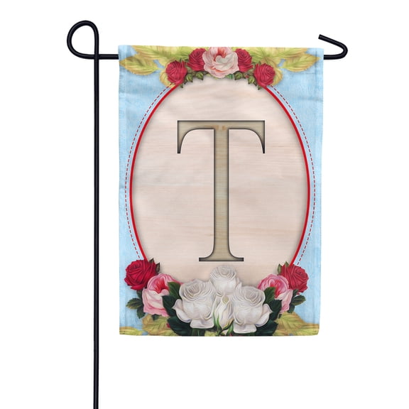 America Forever Spring Monogram Garden Flag Letter T 12.5 x 18 inches Double Sided Vertical Outdoor, Yard, Lawn, Beautiful Floral Design, White, Red, Pink Roses, Summer Flower Garden Flag