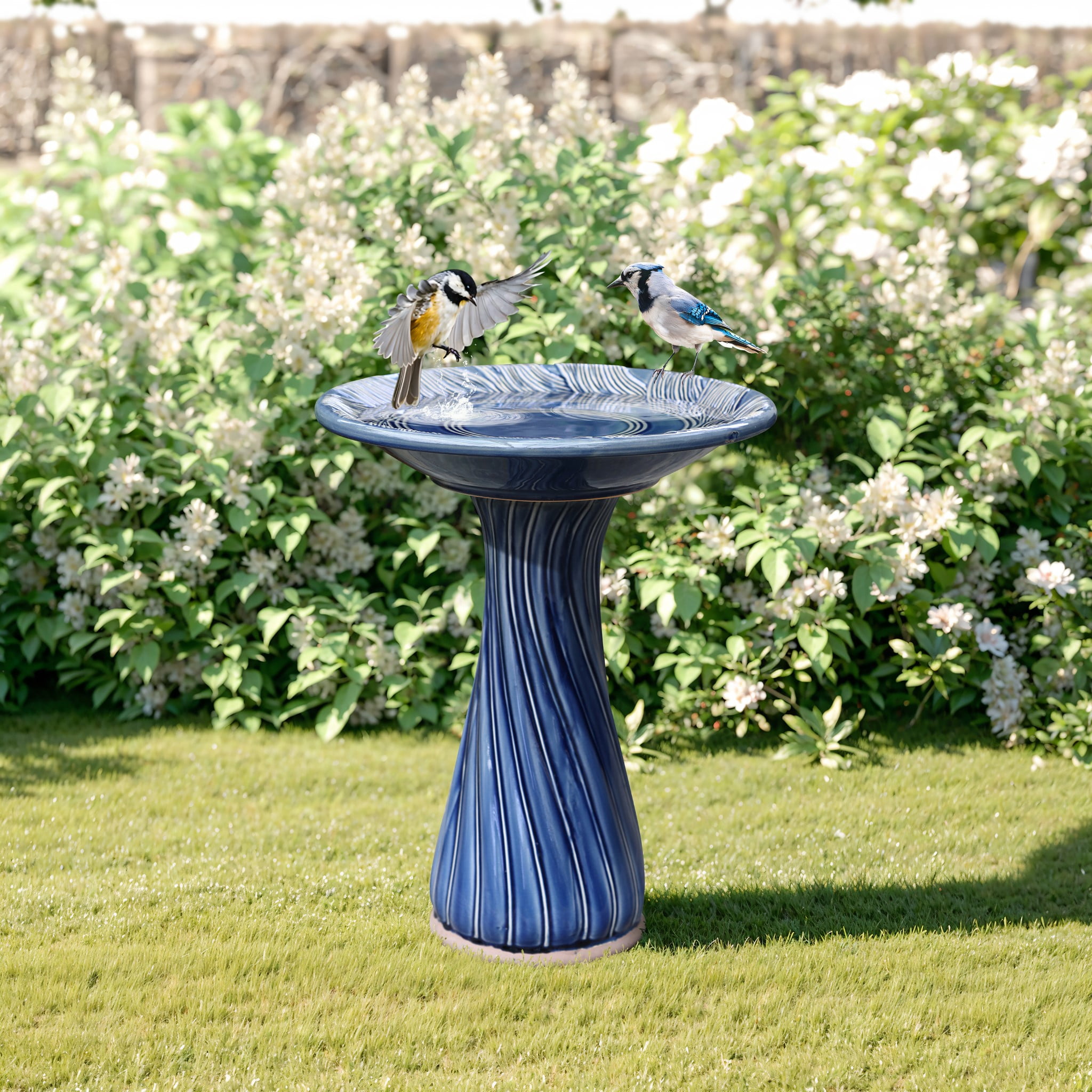 LuxenHome Blue Leaves and Swirl 22-Inch Tall Ceramic Birdbath