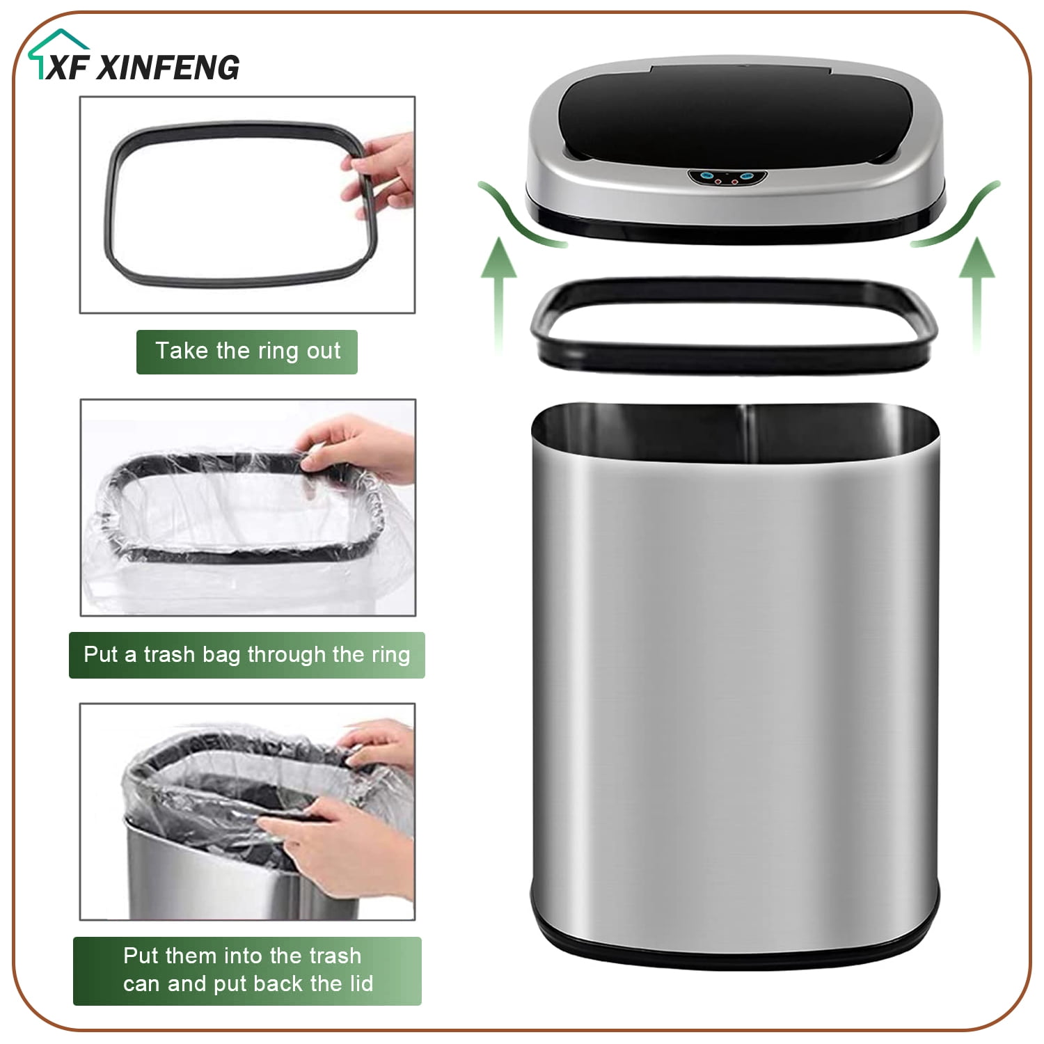 XF XINFENG  13 Gallon Kitchen Trash Can Automatic Touchless Stainless Steel Waste Bin with Silver,Black Lid