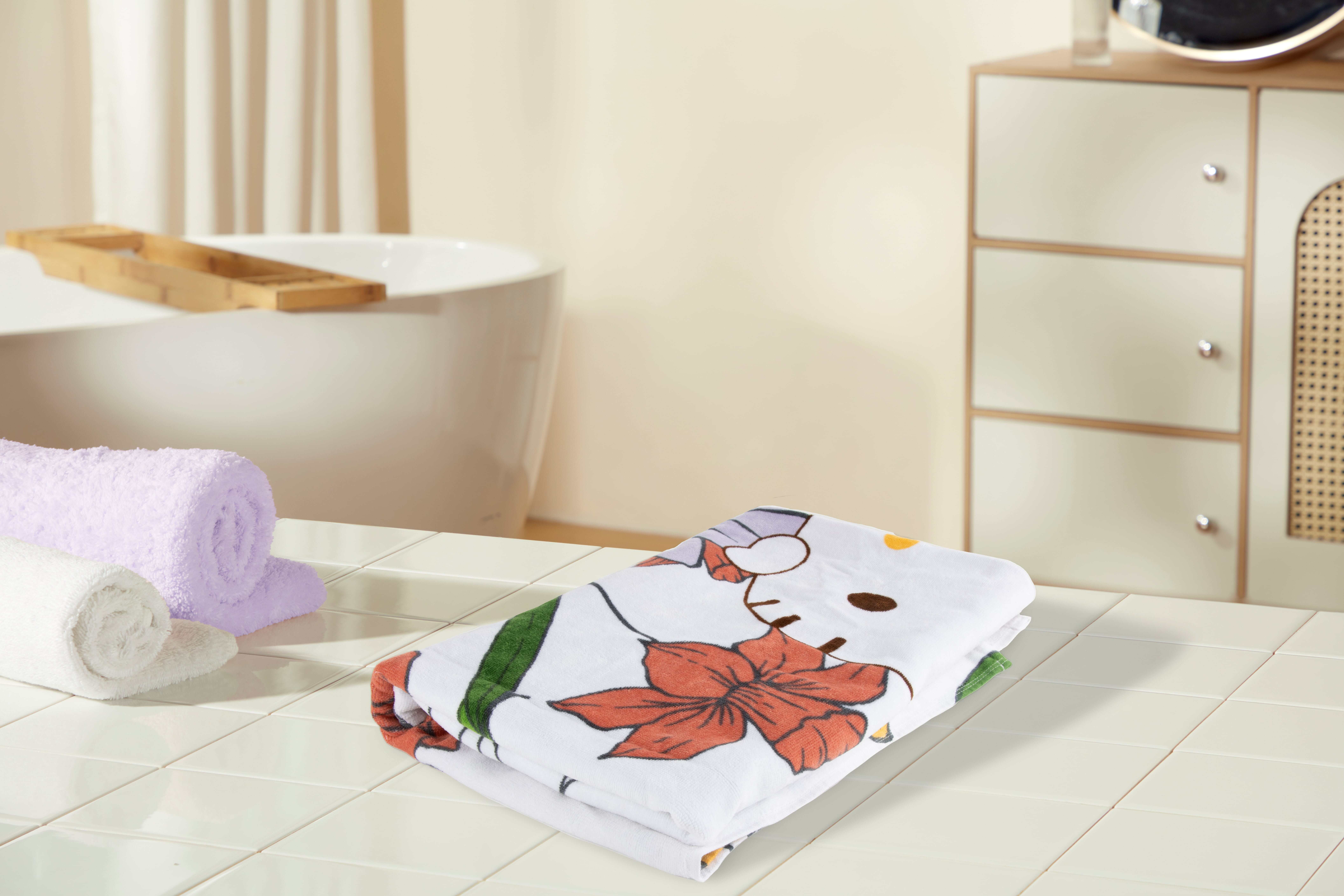 Hello Kitty Spring Floral Kitty 34" x 64" Oversized Bath Towel, Cotton, Multicolor, Sanrio