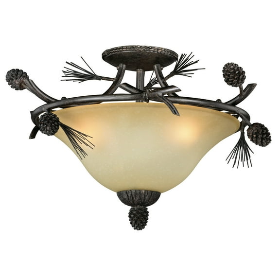 Sierra 18-in W Bronze Rustic Pinecone Bowl Semi Flush Mount Ceiling Light Cream Glass
