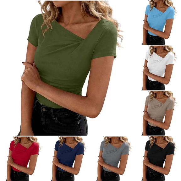 Women's Summer Solid Color Asymmetrical Tops Trendy Ribbed Short Sleeve Fitted Tee Shirts Spring Fashion Clothing White XL(XL)