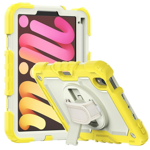 Dteck iPad Mini 6 Case with Pencil Holder, Dual Layer Shockproof Built-in Soft PET Screen Protector, Full-Body Rugged Shoulder Strap Kickstand Protective Case for iPad Mini 6th 8.3 inch,Yellow