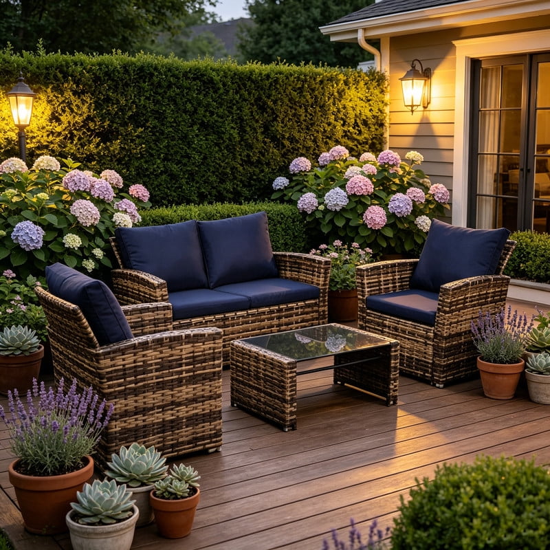 Howcool 4-Piece Patio Furniture Set,Wicker Outdoor Rattan Sectional Sofa with Cushions and Glass Table,All-Weather Outdoor Conversation Set for Garden,Porch,Backyard,Patio,Brown+Blue