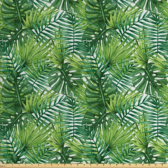Ambesonne Leaf Fabric by the Yard Upholstery, Tree Leaves Watercolor, 2 Yards, Pale Green Dark Green