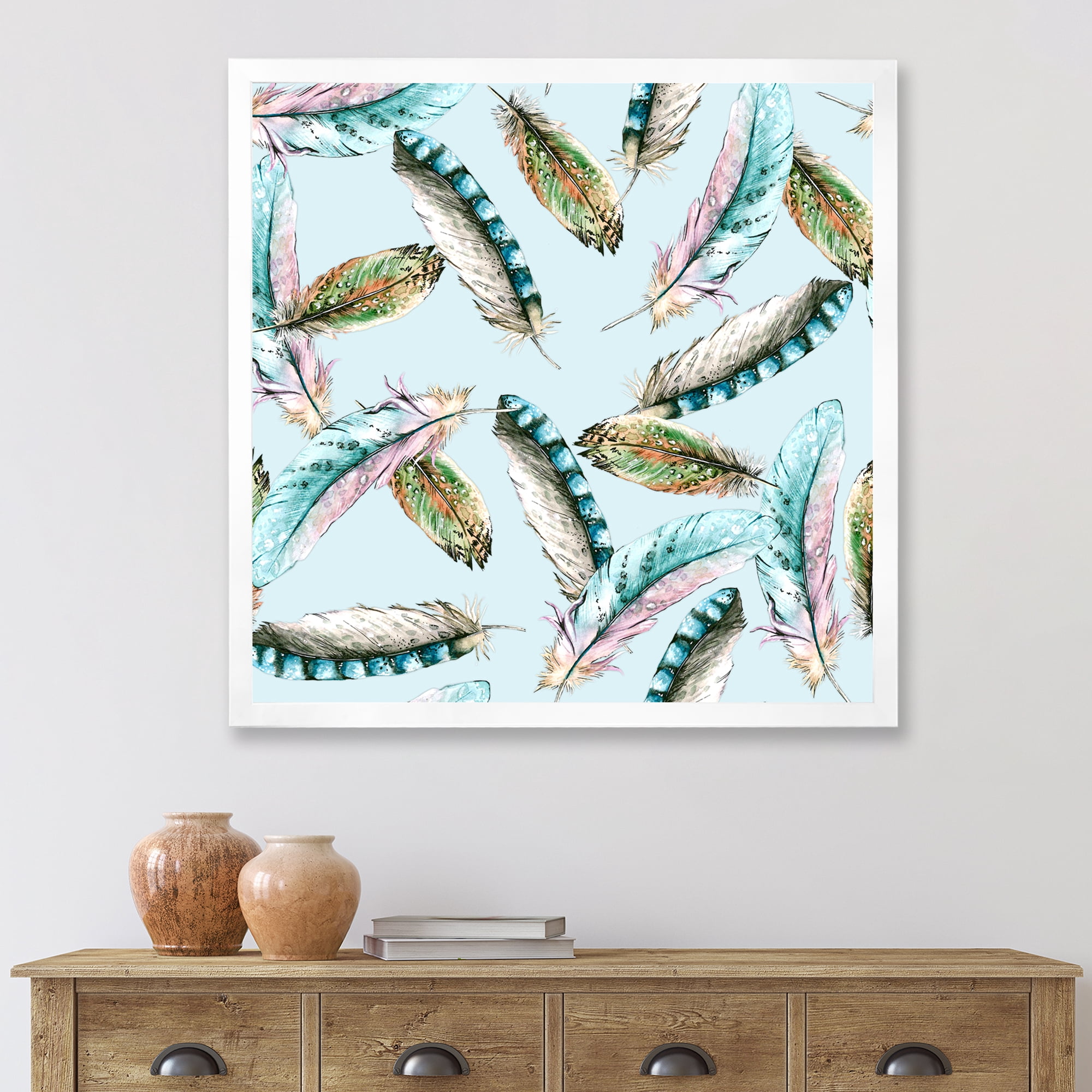 Designart 'Green Bird Feathers On Blue Background' Bohemian & Eclectic Framed Art Print