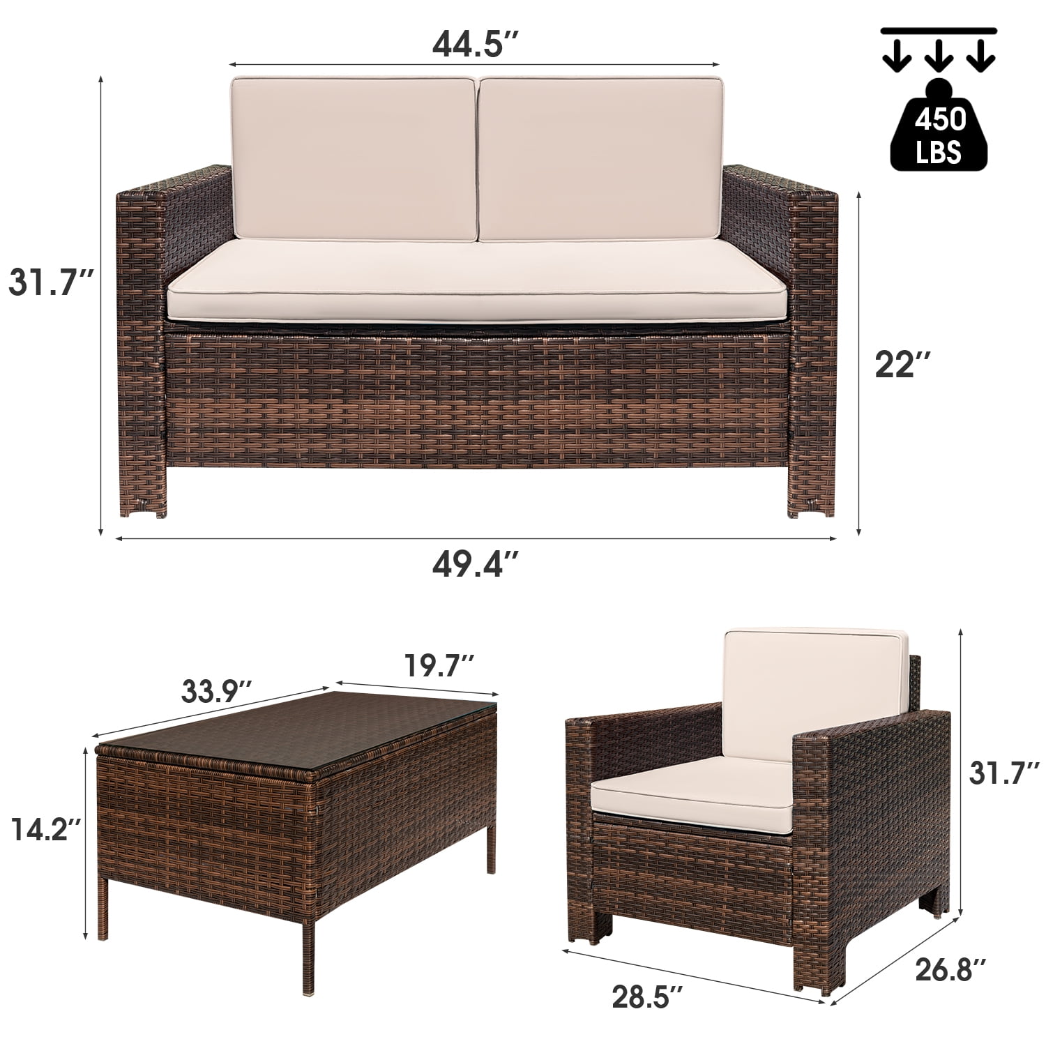 Devoko 4 Pieces Patio Conversation Set PE Rattan Wicker Furniture Sofa Set Furniture Set, Beige