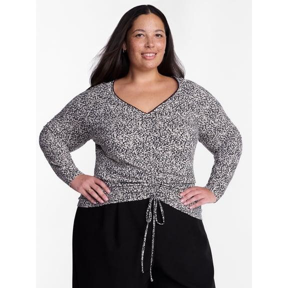 Terra & Sky Women's Plus Ruched Front Tie Hem Top with Long Sleeves, Sizes 0X-5X