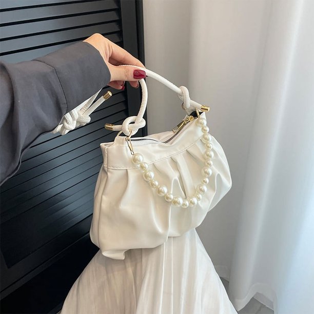 Bolso de hombro de moda para mujer Bolso bandolera de nubes Bolso de perlas plisado (Blanco)
