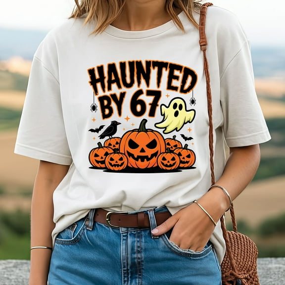 Halloween Haunted by 67 T-Shirt – Funny Ghost & Pumpkin Costume Tee, Meme-Inspired Spooky Shirt for Men & Women