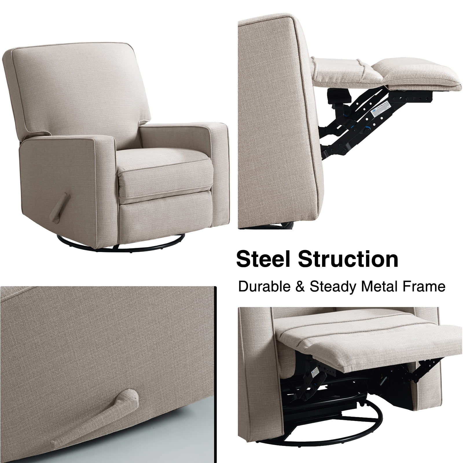 Harkawon Swivel Rocker Recliner Chair, High Back Glider Recliner with Linen Fabric, Nursery & Living Room Ergonomic Rocking Chair for Small Spaces, Grey