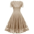 thumbnail image 3 of Womens V Neck Long Sleeve Fall Dresses Ladies Solid Color V-neck Mid-length Lace Swing Dress Beige, 3 of 5