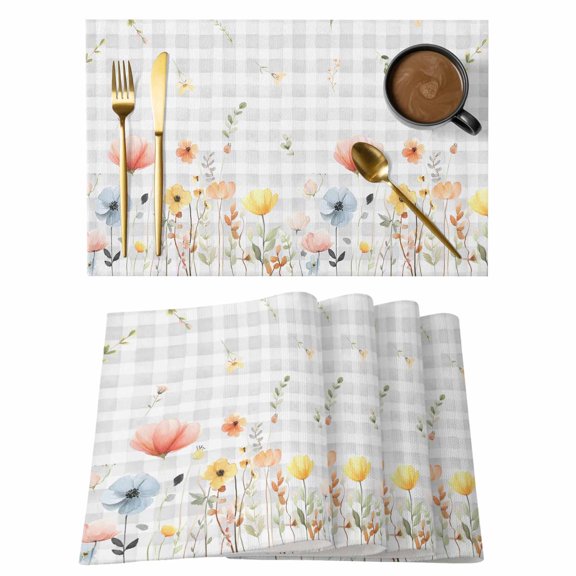 Botanical Wildflowers Placemats Set of 6, Spring Farmhouse Floral Grey Plaid Placemats for Dining Table, Place Mats for Kitchen Tabletop, Waterproof Wipeable Dining Table Mats Set