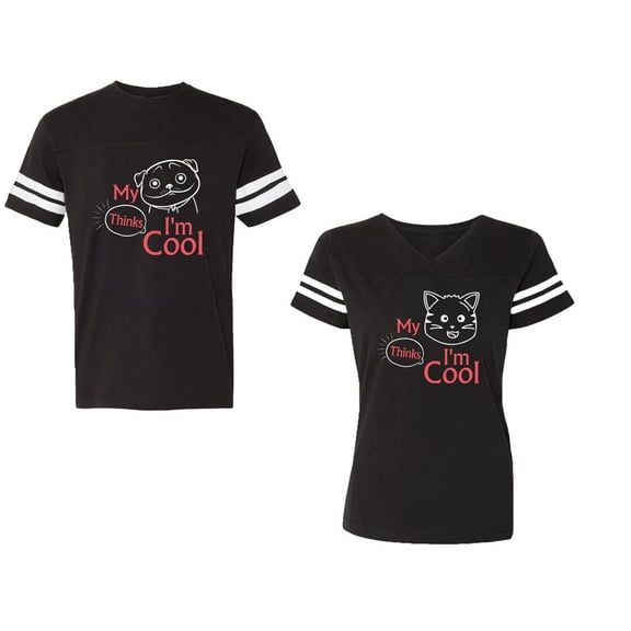 My Dog Cat Think I am Cool Unisex Couple Matching Cotton Jersey style T-Shirt Contrasting stripes on sleeves (Men Black / Women Black) (Men S / Women S)