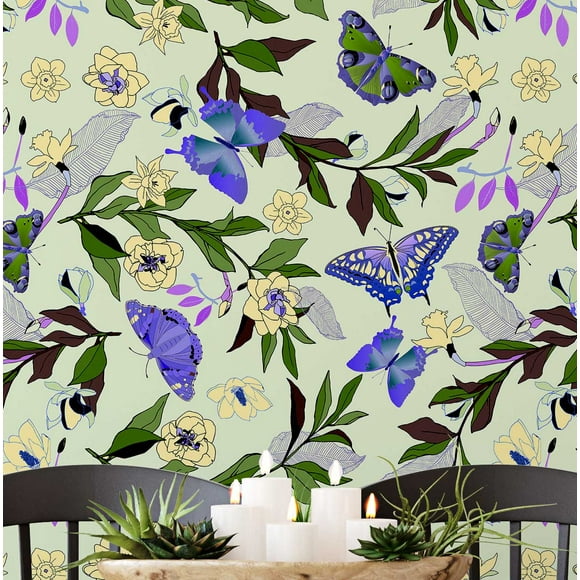 S4Sassy Self Adhesive Wallpaper, Butterfly & Floral Wallpaper, Green Removable Diy Vinyl Wall Covering, Peel And Stick Contact Paper For Entryway Accent Wall, Easy Home Decor Solution (25"X 120")