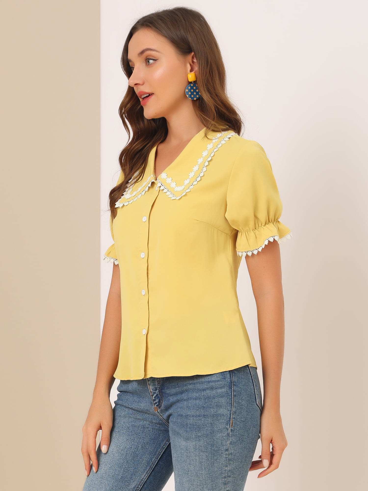 Unique Bargains Women's Sweet Peter Pan Contrast Collar Short Sleeves Blouse Yellow S