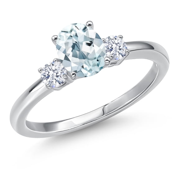 Gem Stone King 14K White Gold Sky Blue Aquamarine and White Zirconia Engagement Ring for Women | 0.97 Cttw | Oval 7X5MM | Gemstone March Birthstone | Size 8