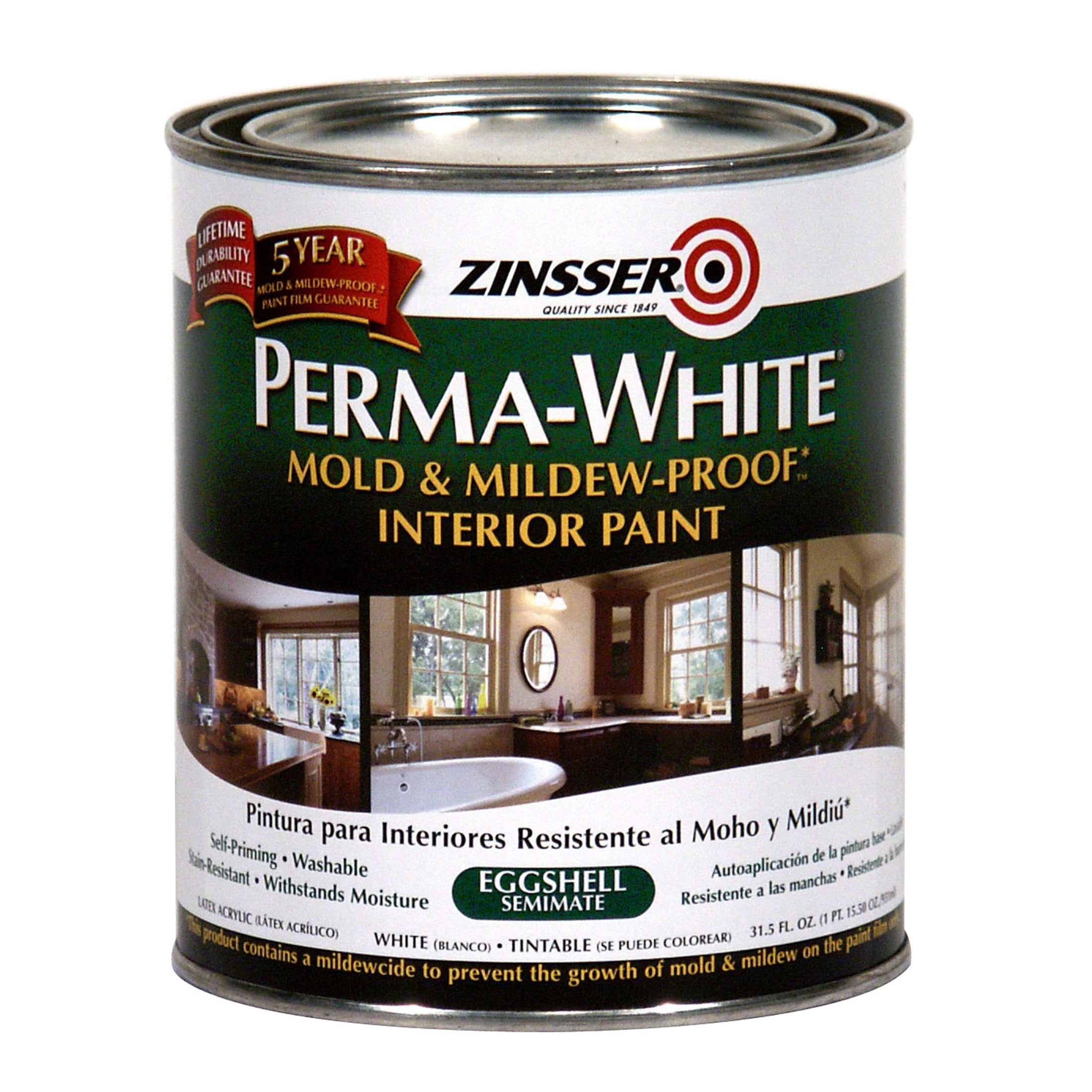 6 Pack, White, Zinsser Perma-White Eggshell Interior Mold & Mildew Proof Paint- Quart