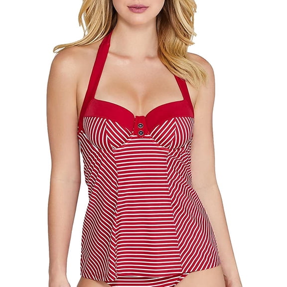 Panache RED/WHITE Britt Stripe Halter Tankini Top, US 30H, UK 30FF