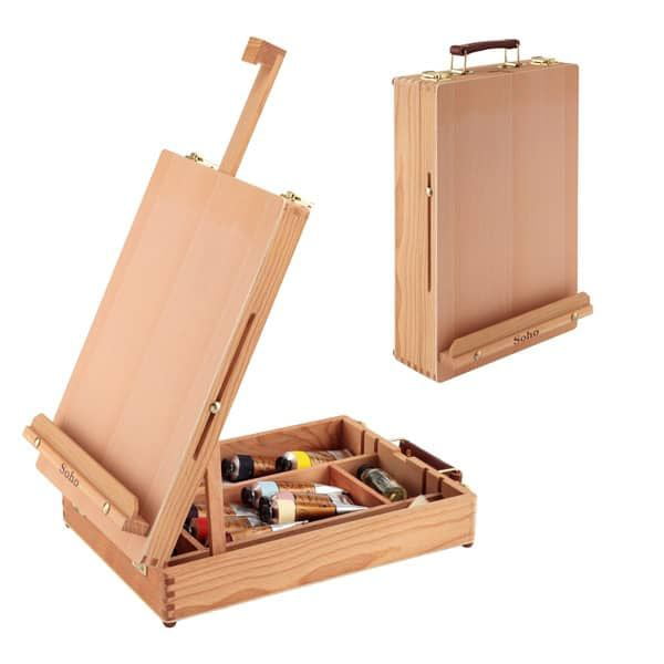 Soho Urban Artist Sketch Box and Table Easel - Portable, Multi Media,  Adjustable Angle with Storage Compartments - Walnut Finish