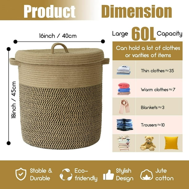 Large Storage Basket with Lid 16 Wx18 H Cotton Woven Rope Laundry Hamper Jute Laundry Basket Wicker Basket Blankets Pillows Toys Storage in Living Room Baby Nursery Jute Black Mix 60L Walmart Business...