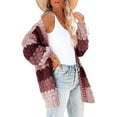 thumbnail image 2 of Coolmee Womens Long Sleeve Color Block Cardigan Striped Open Front Chunky Knit Slouchy Sweaters Outwear Coats Purple Size L, 2 of 6