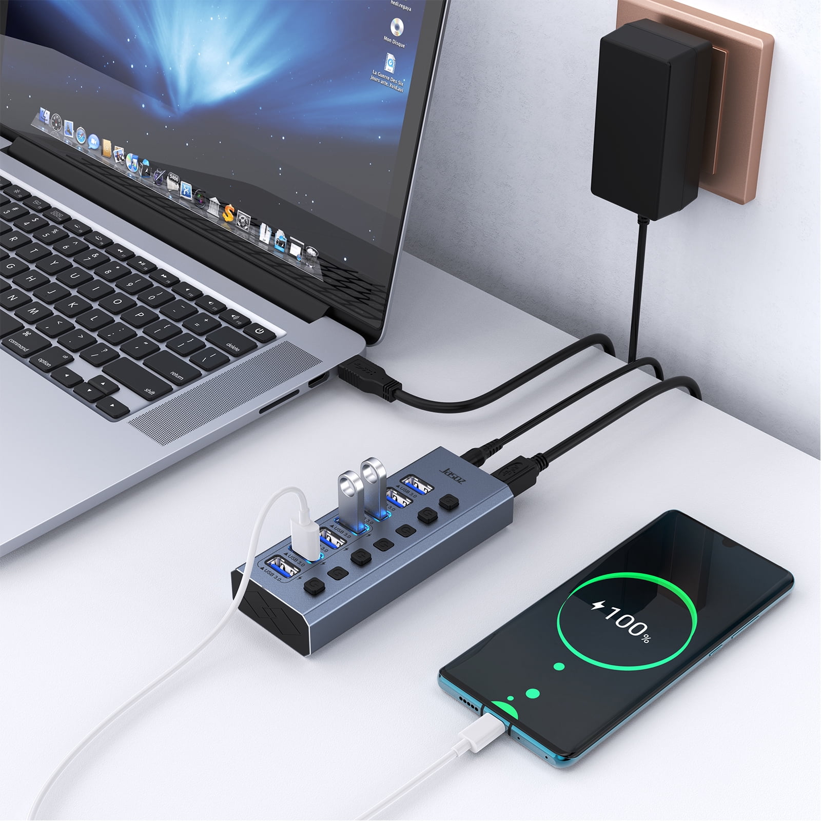 Powered USB Hub 3.0 with ac Adapter -7 USB 3.0 Data Transfer Ports, 4 Charging Ports with Individual On/Off Switches, Power Adapter Included