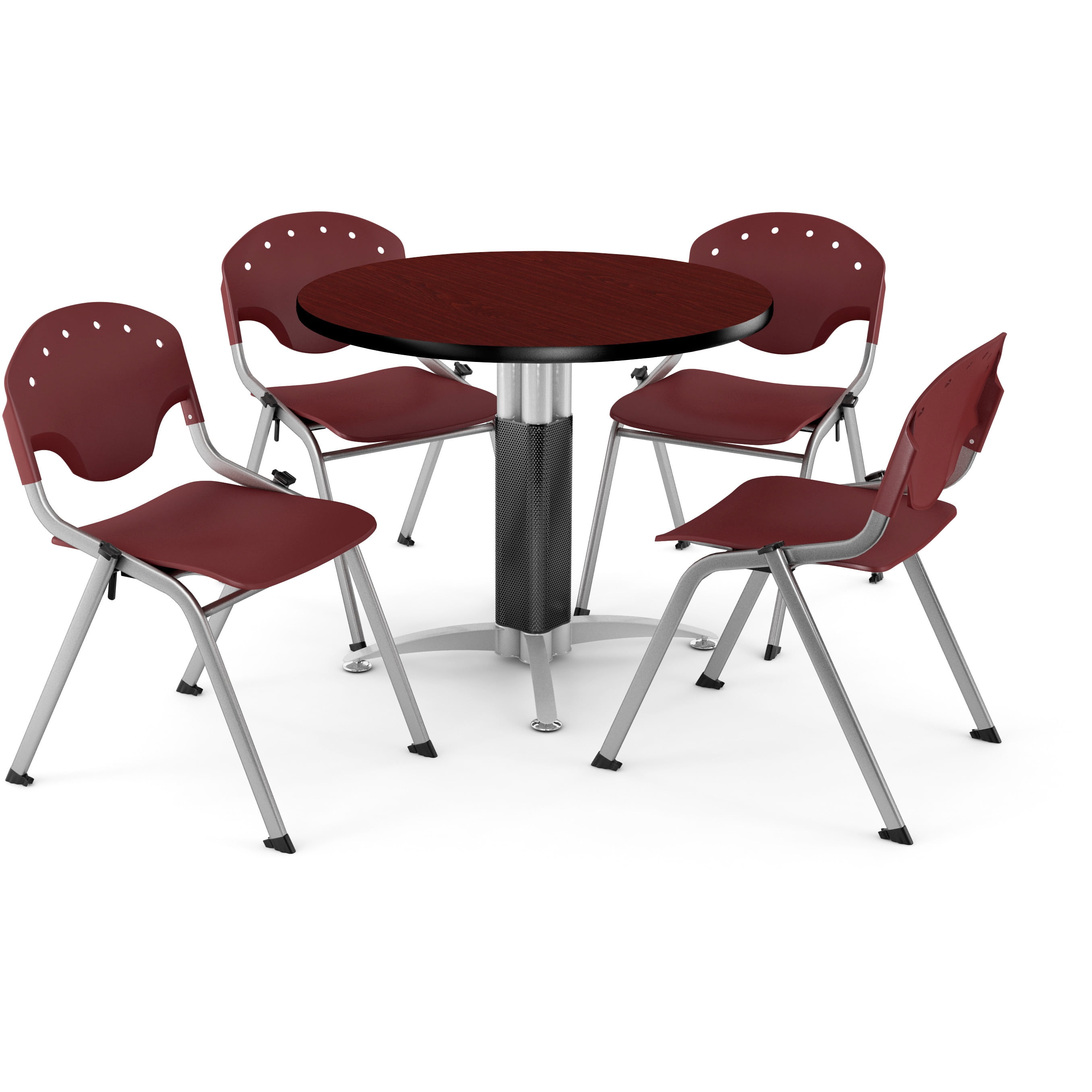 ofm core collection breakroom bundle, 36" round metal mesh base multi-purpose table in cherry, 4 rico stacking chairs in burgundy (pkg-brk-021-0003)