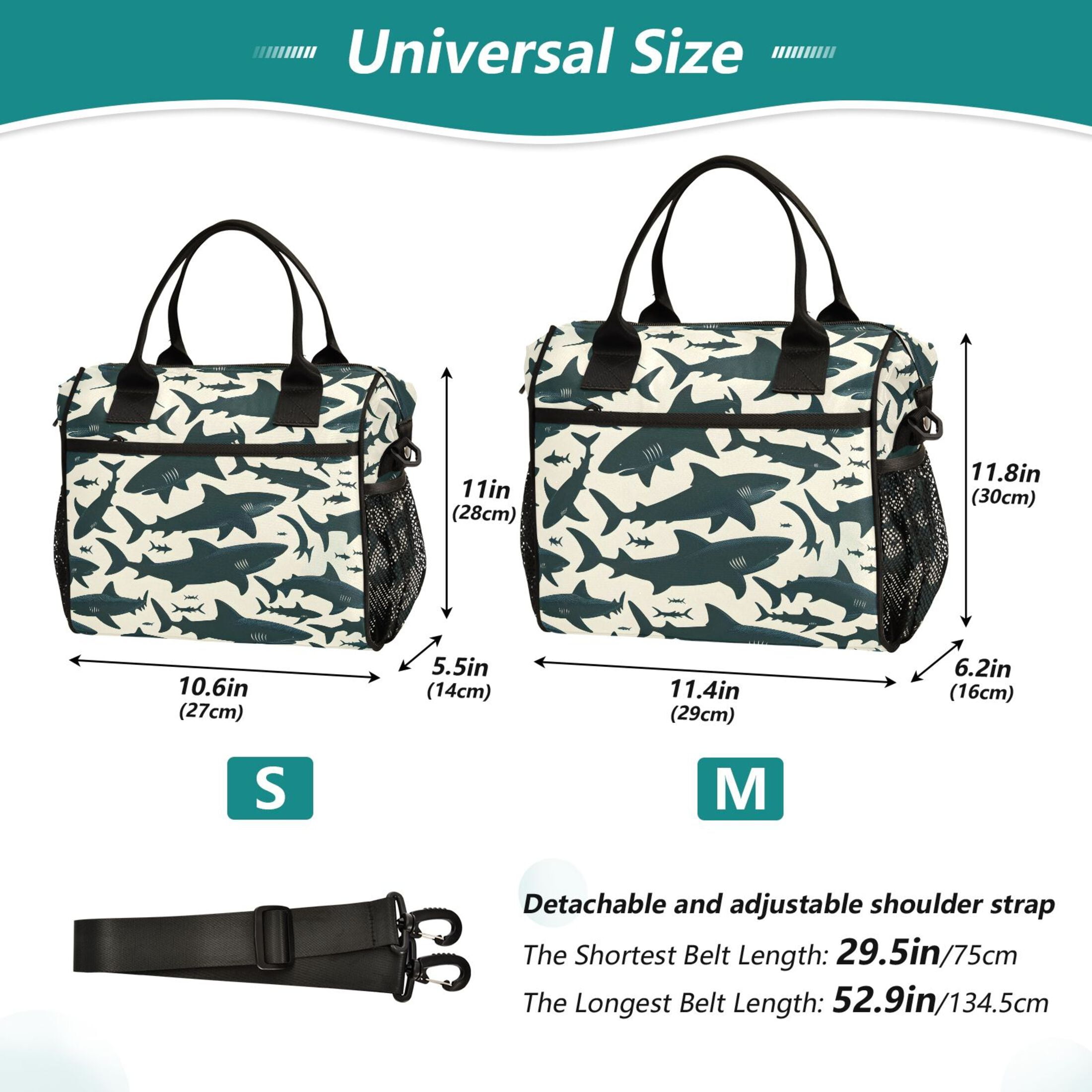 Shark Silhouette Lunch Bag Insulated Lunch Box Leakproof Reusable Cooler Tote Adjustable Shoulder Strap for Men Women 12L