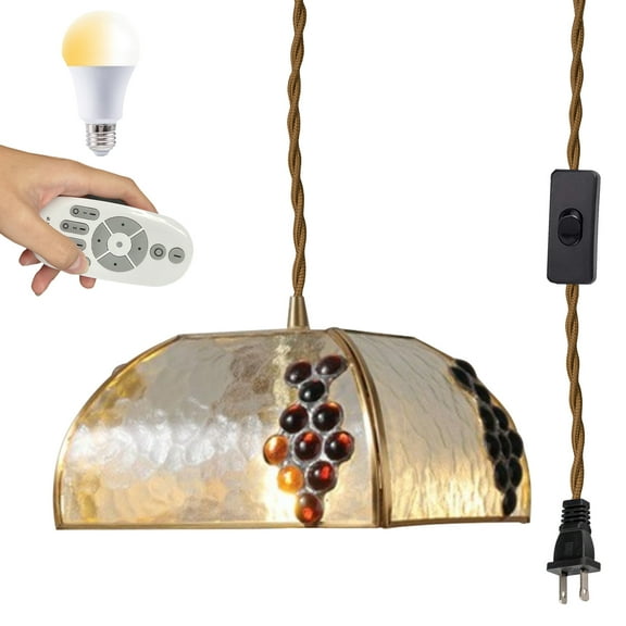 Kiven Plug in Glass Pendant Light, Vintage Hanging Light with Remote Control and 15FT Plug in Cord, Dimmable Ceiling Pendant Light , E26 Base