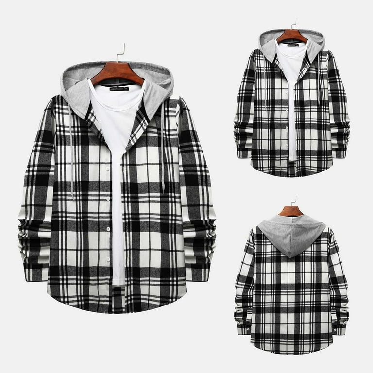 Hfyihgf Flannel Plaid Hoodie Shirts for Mens Trendy Relaxed-Fit Button Down Long Sleeve Lightweight Hood Shirts Jackets(Gray,XXL)