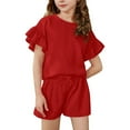 thumbnail image 2 of DHFJKG Suit Girls Summer Outfits 2 Piece Set Casual Round Neck Short Sleeve Top And Shorts Elastic Waist Comfortable Playwear For Toddler Kids Age 4-15 Solid Color Trendy Outfit, 2 of 8