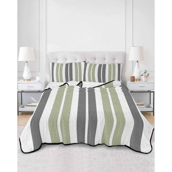 Quilts King Size, Sage Green Grey Striped Soft Comforter Bedding Set for Bed, Gray Modern Abstract Art Lightweight Quilted Bedspread with Pillow Cover(2 Pieces) for All Season, 96x106 Inch