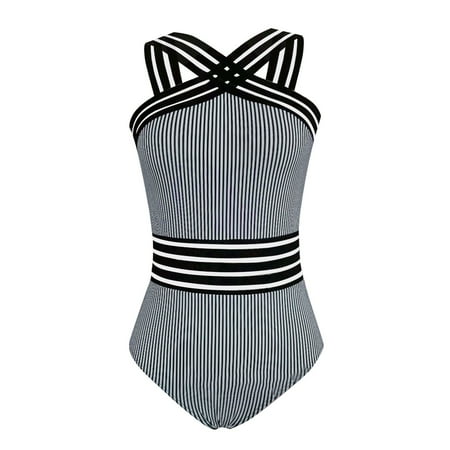 Swimsuit Women One Piece Cutout Striped Swimsuit Bikini Swimwear