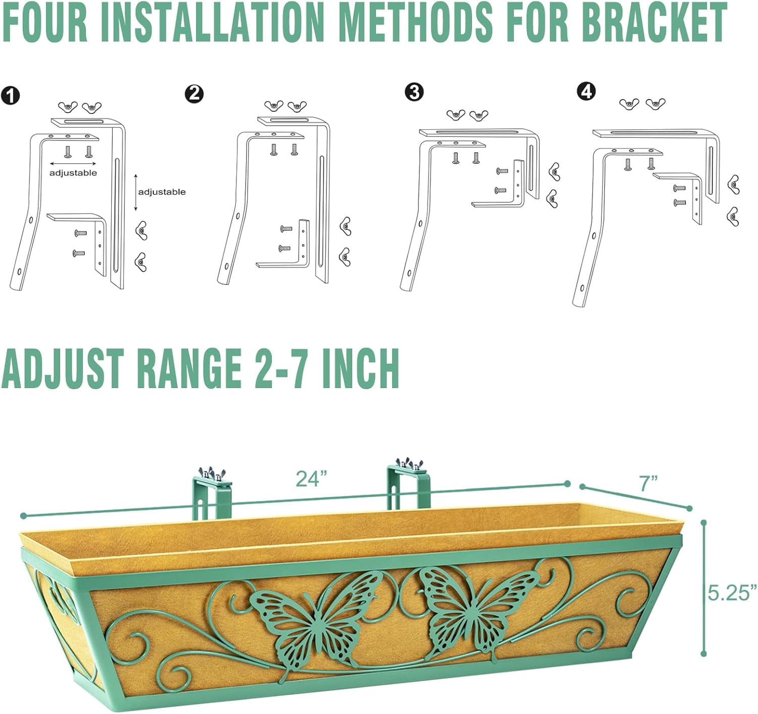 4 Pack 24 Inch Window Boxes Planter Railing Planters Box with Adjustable Brackets for Porch Deck Balcony Hanging Butterfly Decorative Flower Baskets & Non-Woven Fabric Liner for Outdoor Plants -Green