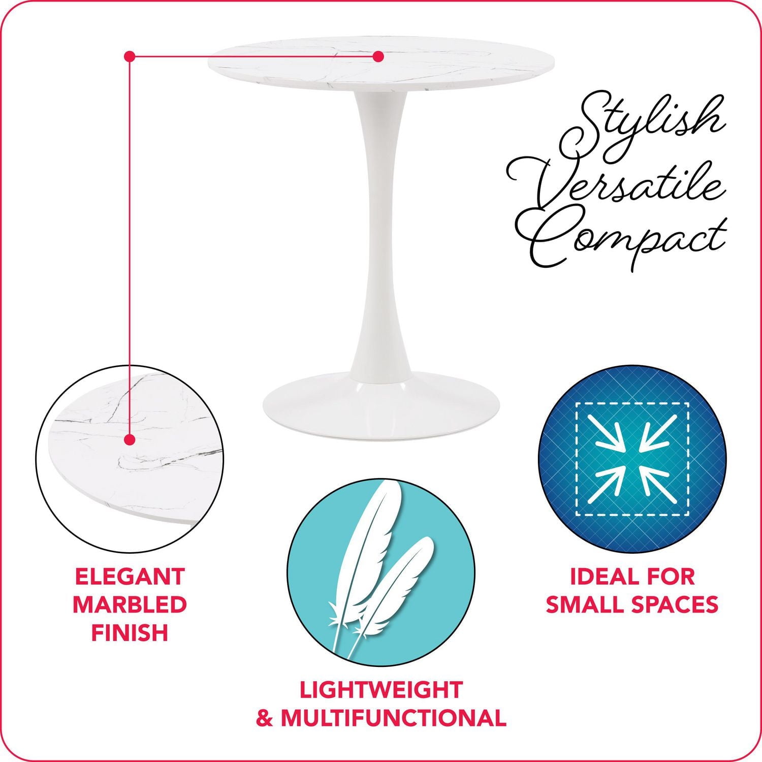 CorLiving Ivo 4-Piece Modern Round White Marbled Pedestal Indoor Dining Table Set with Velvet Upholstered Chairs