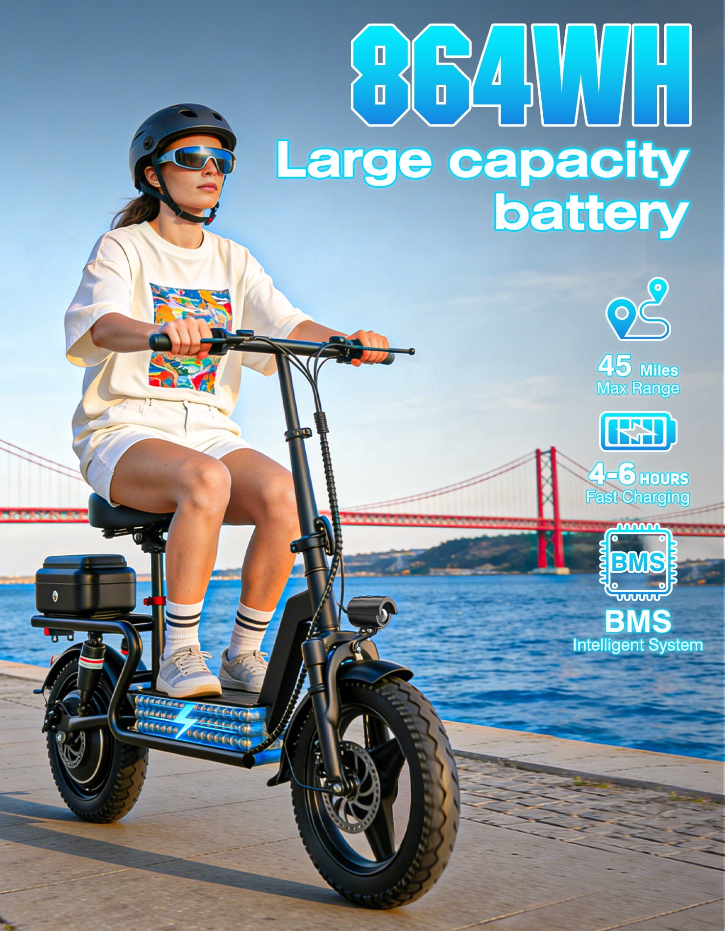 AZHAR GT12 Electric Scooter with Seat 1400W Peak Motor with Carry Basket, 25mph 48V20AH 45Miles Foldable 14" E Scooter for Commuting
