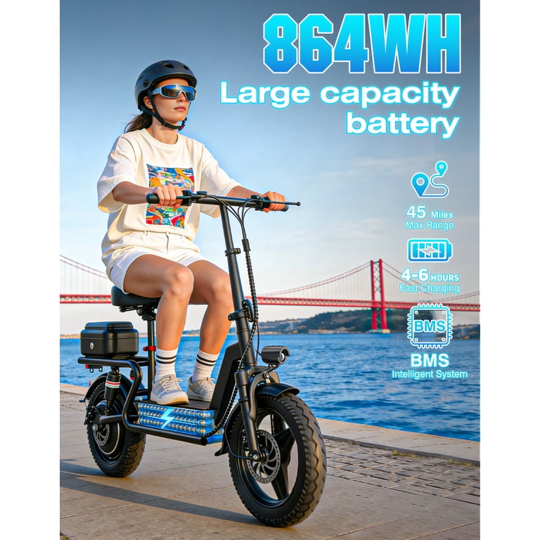 AZHAR GT12 Electric Scooter with Seat 1400W Peak Motor with Carry