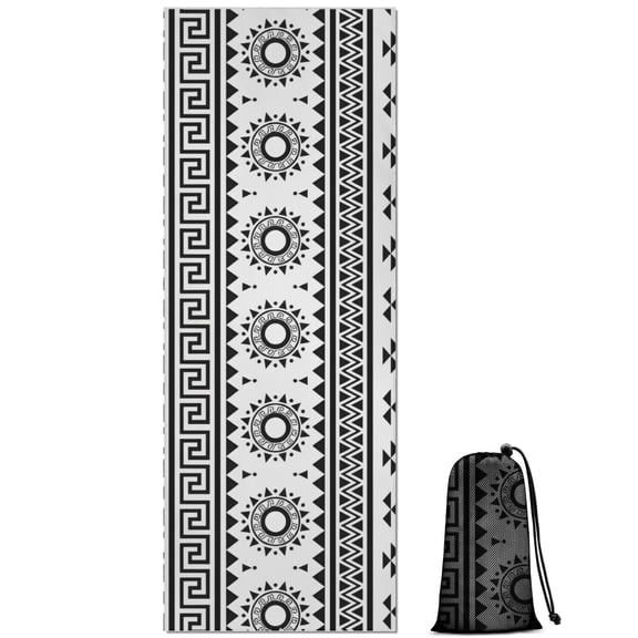 Black and White Geometric Boho Pattern Hot Yoga Mat Towel Non Slip for Hot Yoga - Quick-Drying Yoga Mat Cover with 4 Corner Pockets with Travel Bag - Hot Yoga Towel Non Slip 70"x26"