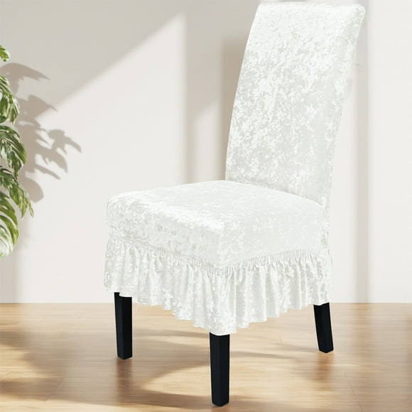 Thickened Stretchy Velvet Chair Cover with Skirt, High Elasticity Universal Fit for Home Hotel, Solid Color Dining Chair Protector for Kitchen Restaurant Wedding Banquet, White