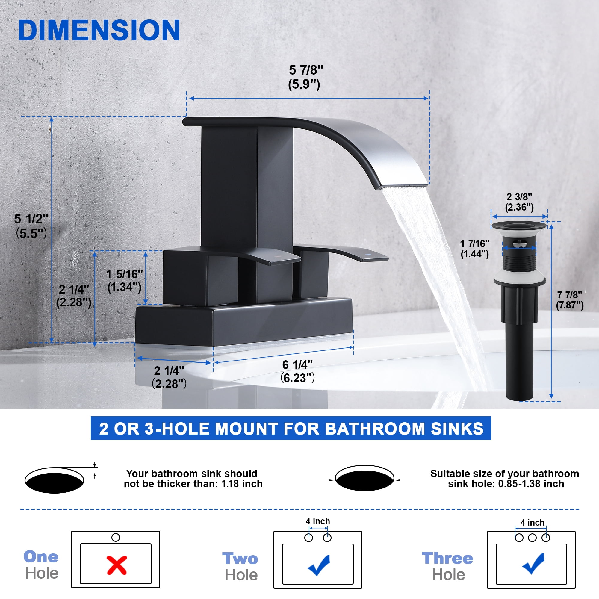 Black Waterfall Bathroom Sink Faucet with Pop up Sink Drain Stopper Overflow for Faucet Vessel, 4 Inch 2 Handles 2 or 3 Holes Centerset Faucet for Lavatory Bathroom Sink with Supply Lines