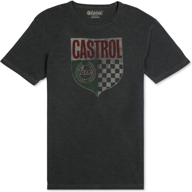 Camiseta gráfica Lucky Brand para hombre con escudo de Castrol negro grande