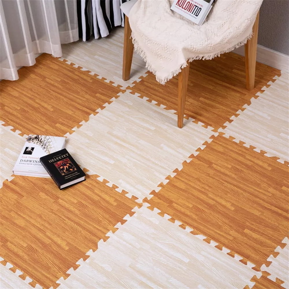 Wood Grain Floor Tiles Foam Mat EVA Interlocking Mats Tile 3/8-Inch Thick Flooring Wood Puzzle Exercise Mats w/Borders - Home Playroom Basement, Apartment, Trade Show, kids, Dance
