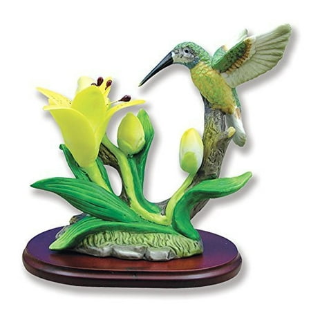Flower Design Sculptured Porcelain - Hummingbird Figurine Porcelain with Lily Flower on Wood Base