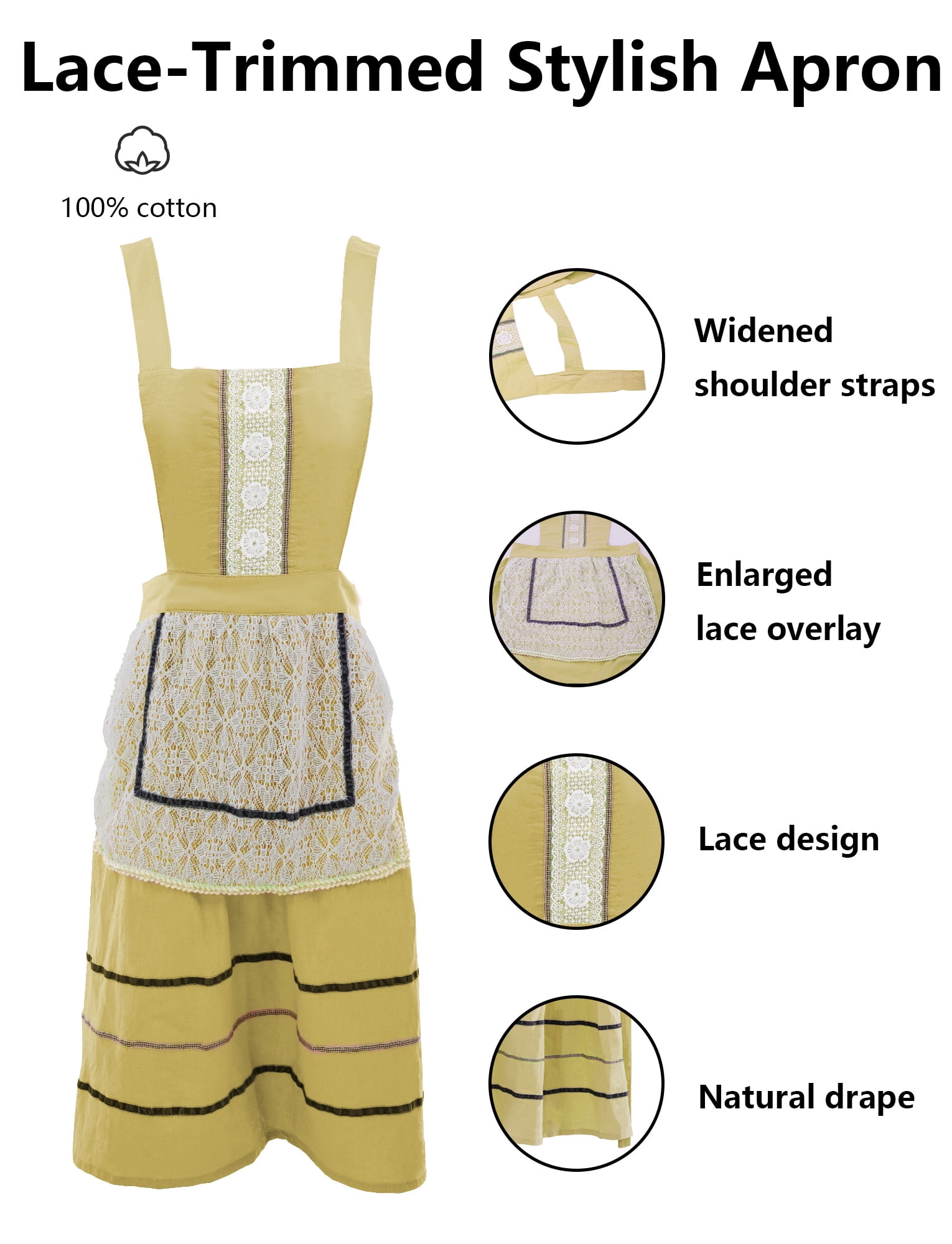 FEOYA Cooking Apron for Women Cotton Apron Pinafore Aprons Lace Cute aprons Dress Loose Smock for Kitchen Gardening Chef Baking Art Painting Yellow