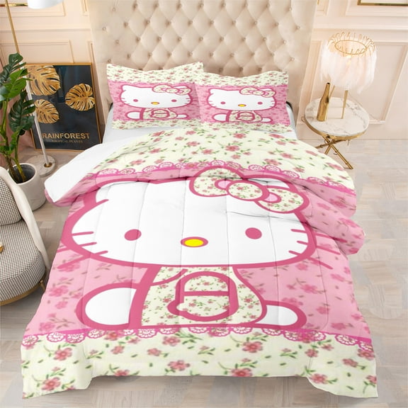 Kid Girls Comforter Set | Cartoon Soft Bedding for All Season | 3-Piece Cute Cat Animal Print Quilt Bedding Set with 2 Pillowcase | Twin Size
