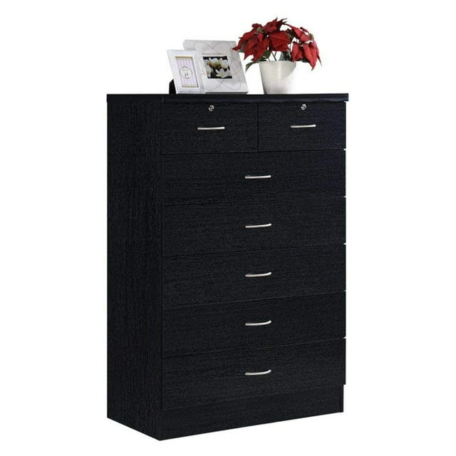 Hodedah Commode Jumbo en Bois à 7 Tiroirs avec 2 Verrous Supérieurs, Noir