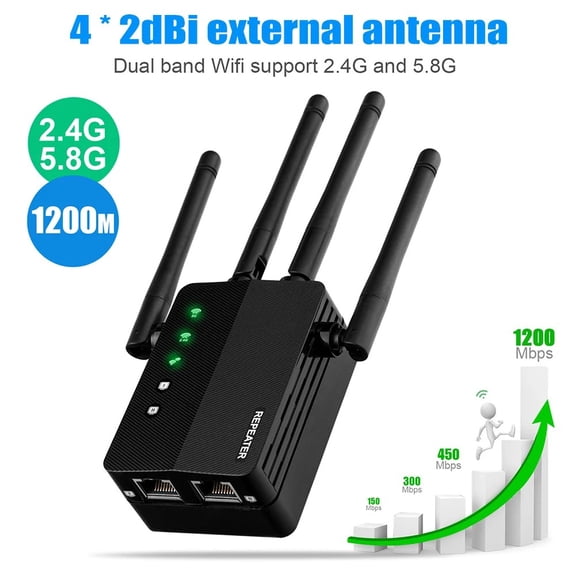 WiFi Extender 1200Mbps Dual Band Signal Booster (2.4/5.8GHz) - 4 High-Gain Antennas for Long-Distance Transmission, Home & Office Full Coverage to Eliminate WiFi Dead Zones