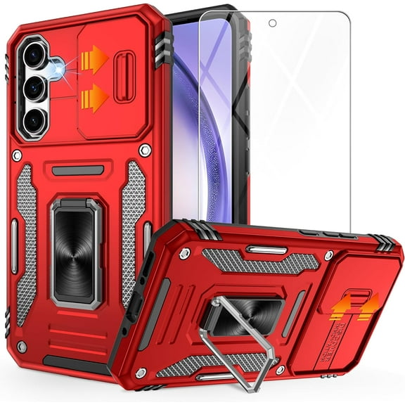 Galaxy A54 5G Phone Case with Slide Camera Cover and [2Pack] HD Screen Protector, Shockproof for Samsung a54 5G Case with 360°Magnetic Ring Holder Kickstand,Case for Samsung Galaxy A54 Red