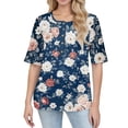thumbnail image 3 of Women’s Casual Floral Print Five Sleeve Round Neck Button Half Sleeve Top Loose Fit Lightweight Blouse for Daily Wear Royal Blue L, 3 of 4